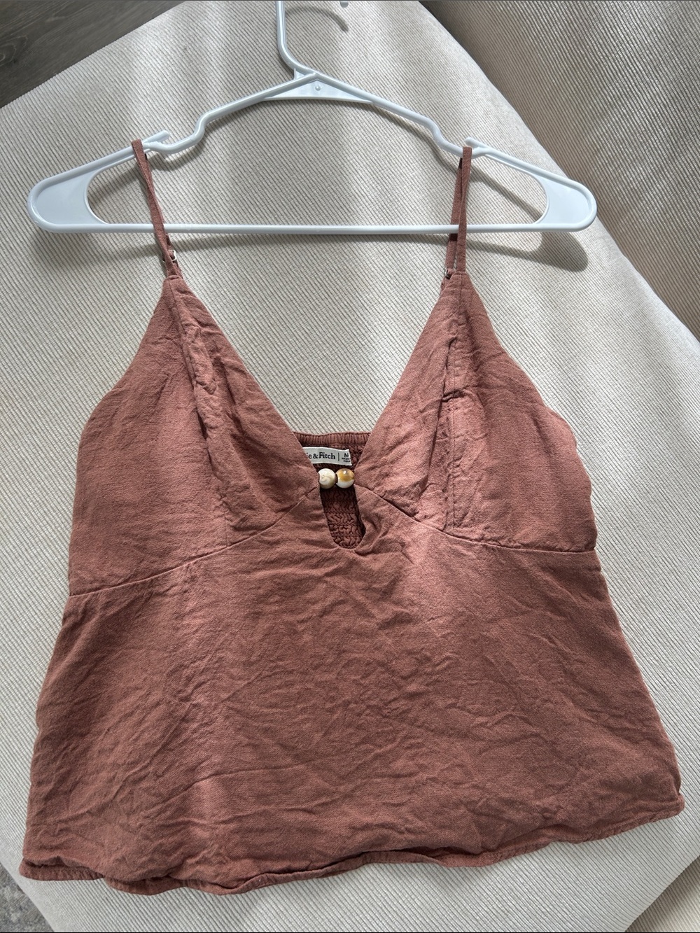 Women's Brown Linen-Cotton V-Neck Cami Top